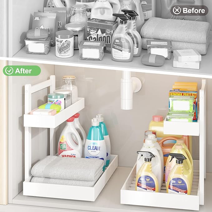 Under Sink Organizer - 1-Tier Pull Out Cabinet Organizer Vertical Slide Out Sink Shelf Storage Shelves for Multi-Purpose Bath Kitchen Bathroom Medicine (White, 1 Pack)-NeatNest