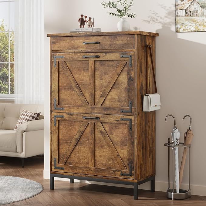 Shoe Storage Cabinet with 2 Flip Drawers, Narrow Shoe Cabinet for Entryway with 1 Top Drawer, Freestanding Hidden Shoe Rack Cabinet with Metal Legs for Foyer, Hallway (Rustic Brown)-NeatNest