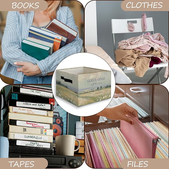 Cottagecore Christian Foldable Storage Bins Box with Handles, God Is Good All the Time Bible Verse Religious Collapsible Organizer Basket for Christian Home Room Clothes Toys Books-NeatNest