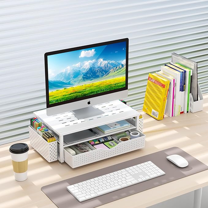 gianotter Desk Organizers and Accessories, Monitor Stand with Drawer and 2 Pen Holder, Desktop Organizer Suitable for Offices and Dormitories (White)-NeatNest