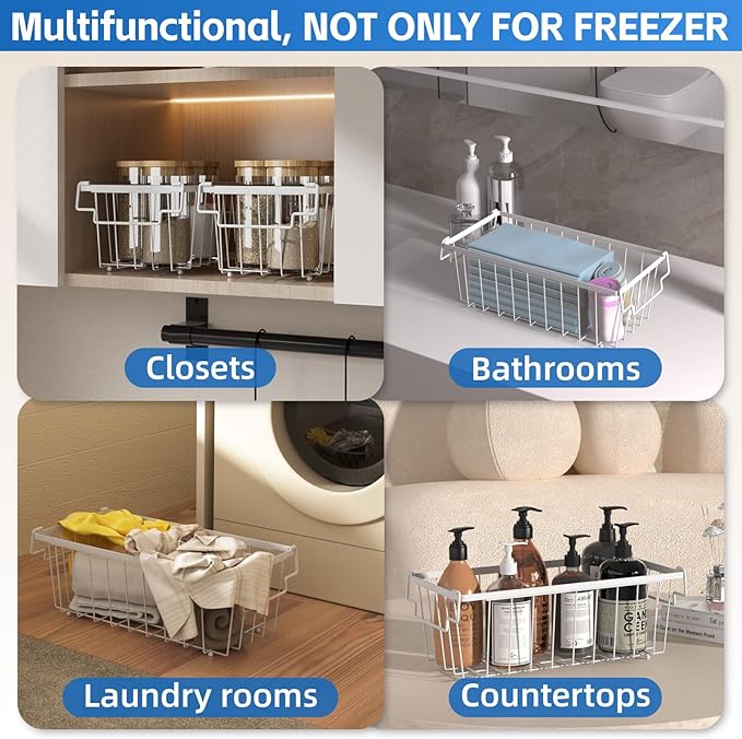 4 Pack Freezer Organizer Bins(14.6‘’L X 7.1‘’W X 5.2‘’H) for 7 Cu.FT Chest Deep Freezer Sort Frozen Meats | Deep Freezer Organizer Bins Get Food Easily w/Handle(White)