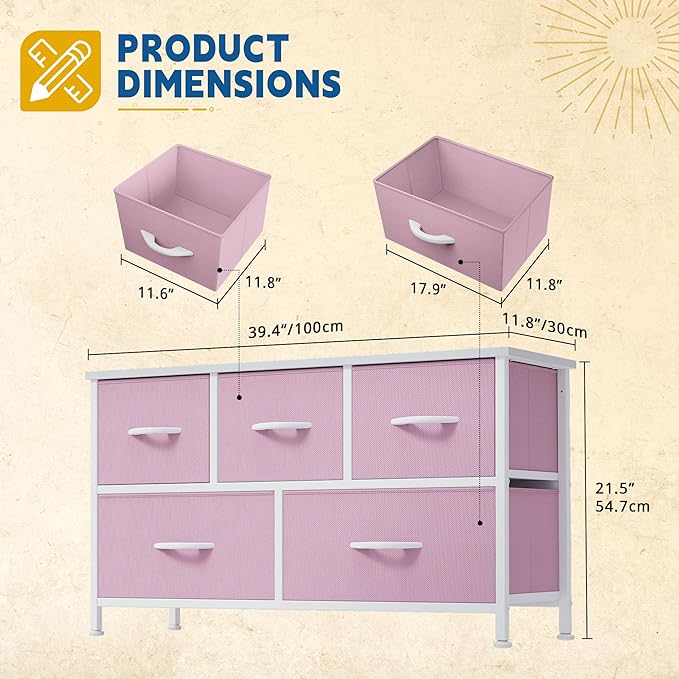DWVO Dresser for Bedroom with 5 Drawers - Fabric Storage Tower, Long Fabric Dresser, Organizer Unit for Bedroom, Closet, Hallway-NeatNest