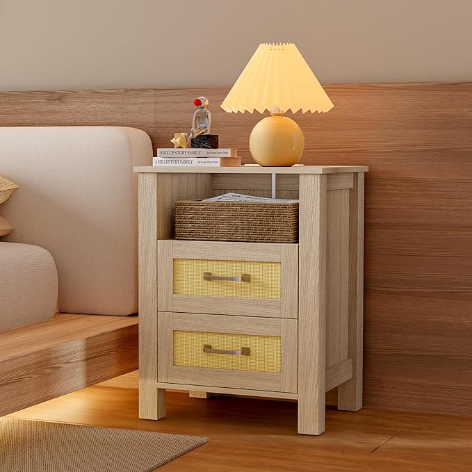JUMMICO 26.18" End Table with Charging Station and Rattan Drawers, Farmhouse Nighstand, Wooden Storage Bedside Table, Living Room, Bedroom(1, Light Oak)