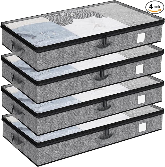 Fixwal 4 Pack Underbed Storage Containers, Below 4.5 Inches Low Profile Under Bed Organizer Clothes Storage Bins with Sturdy Sidewalls and Bottom-NeatNest