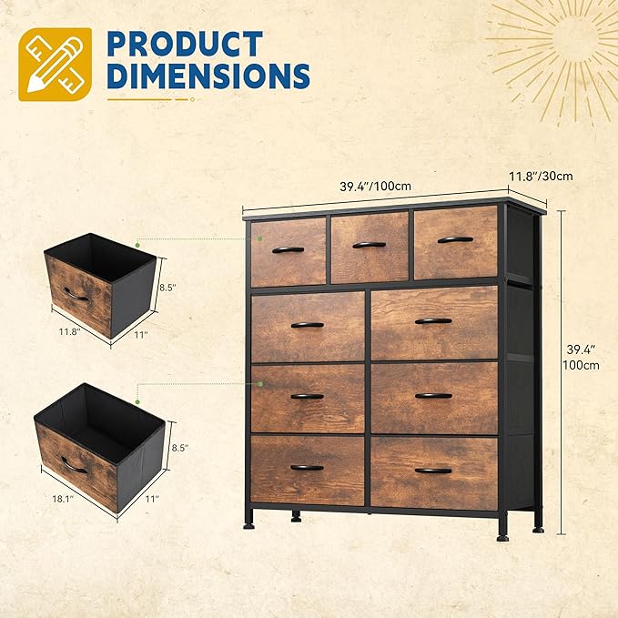 DWVO Dresser with 9 Drawers - Fabric Storage Tower, Organizer Unit for Living Room, Hallway - Sturdy Steel Frame, Wooden Top & Easy Pull Fabric Bins-NeatNest