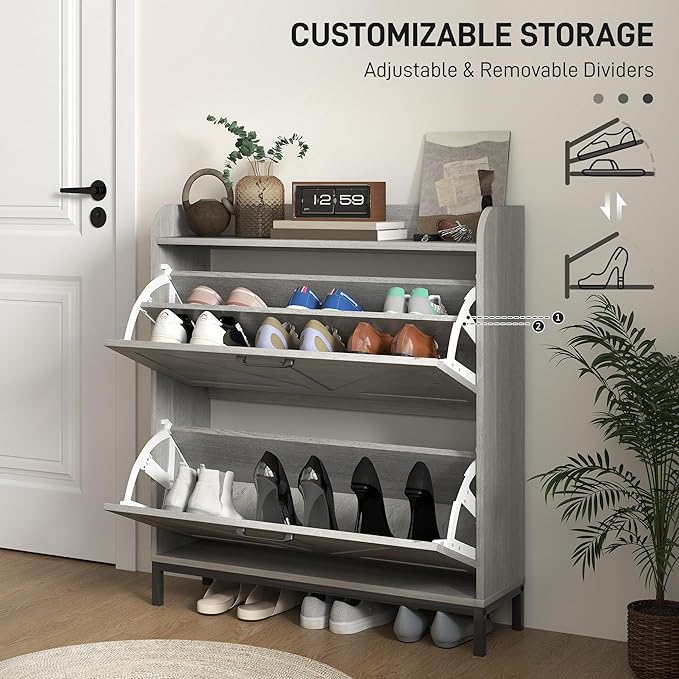 HOMCOM Shoe Storage Cabinet with 2 Flip Drawers, Legs, Farmhouse Freestanding Narrow Shoe Cabinet, Slim Hidden Rack Organizer for Entryway, Hallway, Light Gray Wood Grain-NeatNest