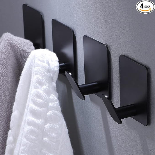 DELITON Adhesive Hooks - 4 Pack Towel/Coat Hooks Wall Hook Stick on Bathroom or Kitchen (Matte Black, Stainless Steel)-NeatNest