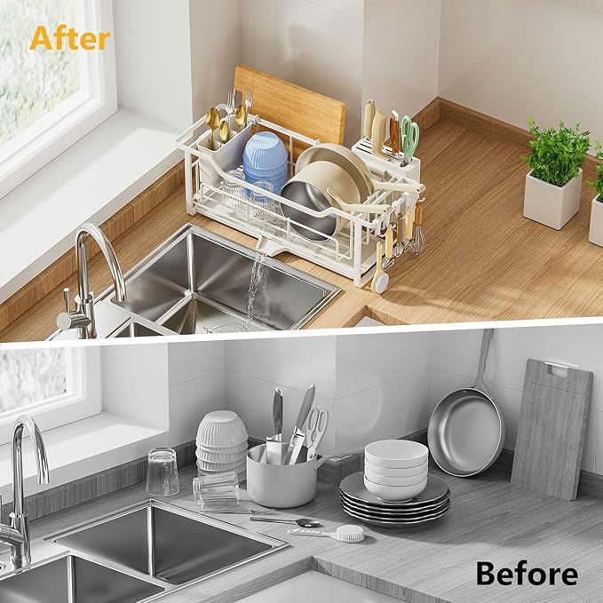 Narrow Dish Drying Rack for Kitchen Counter Auto Drain Iron Dish Drainer with Removable Cutlery Basket, White