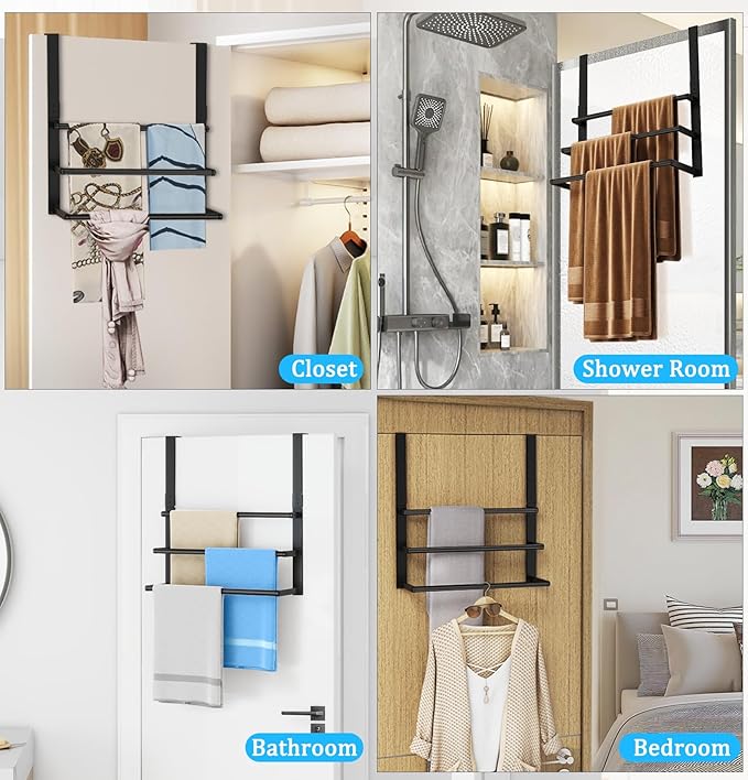 16Inch Over The Door Towel Rack, DOKU Stainless Steel Door Towel Hanger, Over Door Towel Holder with 3 Tier Towel Bars, Over Door Towel Storage for Bathroom, Matte Black
