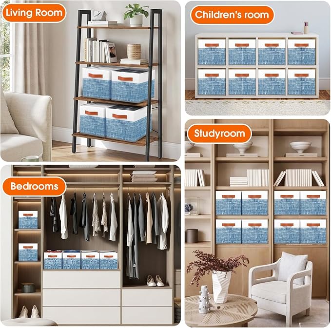 Fab totes Collapsible Storage Baskets for Shelves,14"x10", 8 Pack Foldable Fabric Storage Bins with Double Leather Handles, Large Baskets for Organizing Books, Clothes, White & Blue