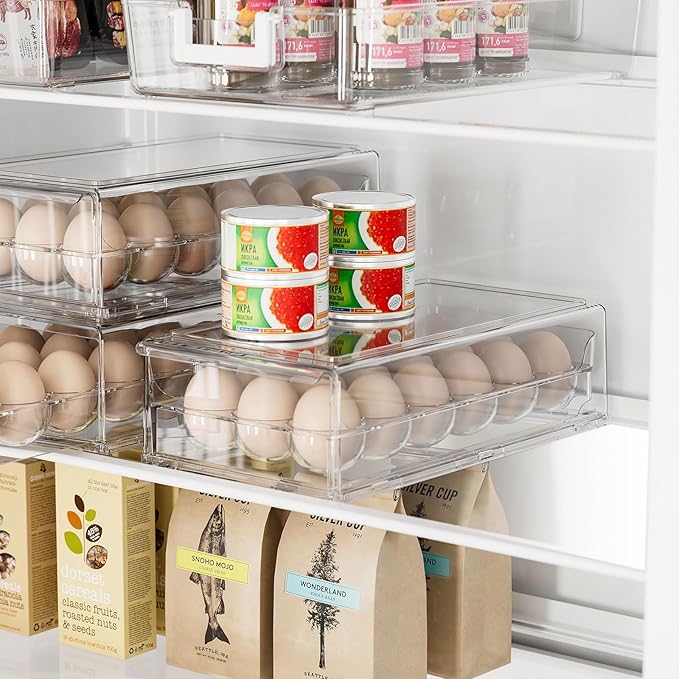 BPA Free Stackable Egg Container - 18 Egg Refrigerator Organizer with 2 Kitchen Hooks, Clear