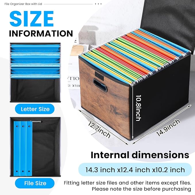 File Organizer Box with Wood Grain Pattern, Hanging Collapsible File Storage Bins with Lid Plastic Slides, Teacher Essentials for Back to School Classroom School Keepsake Organizer, Rustic Brown