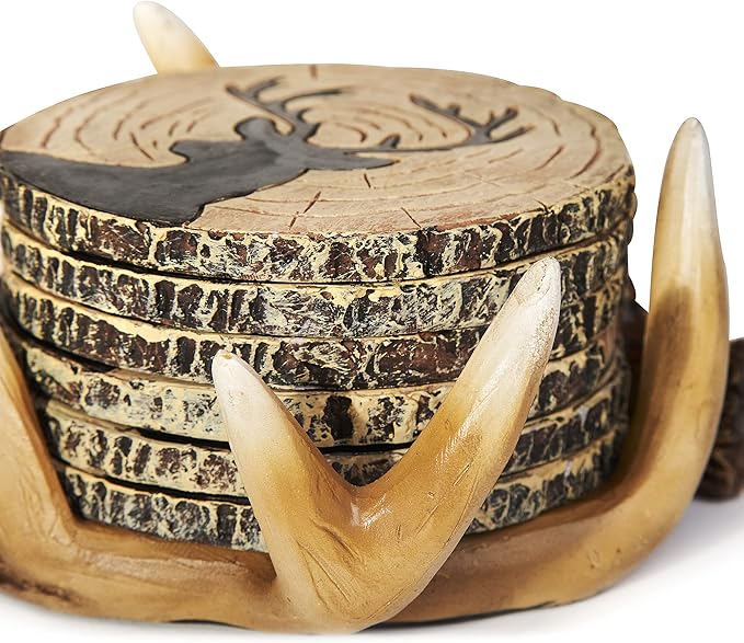 Deer Antlers Coaster Set of 6 – Handcrafted Deer Antler Decor and Man Cave Gifts for Men - 6 Full Size Deer Antlers Coasters for Man Cave Décor-NeatNest