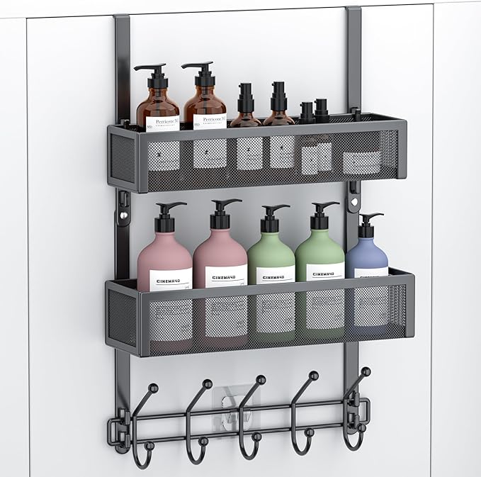 Adjustable Over The Door Hooks Organizer, Door Hanger Coat Rack with 2 Mesh Baskets and 10 Hooks, Back of Door Storage Organizer for Bedroom,Bathroom,Kitchen (Black)