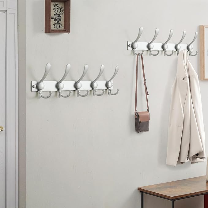 Dseap Coat Rack Wall Mount 2.0 Pro: Heavy Duty 300% Thicker, 16" Stud Mount, Stainless Steel Wall Coat Hooks Hanger for Clothes Jackets Hats Entryway Closet, MaxStrong Series, Silver, Pack of 2