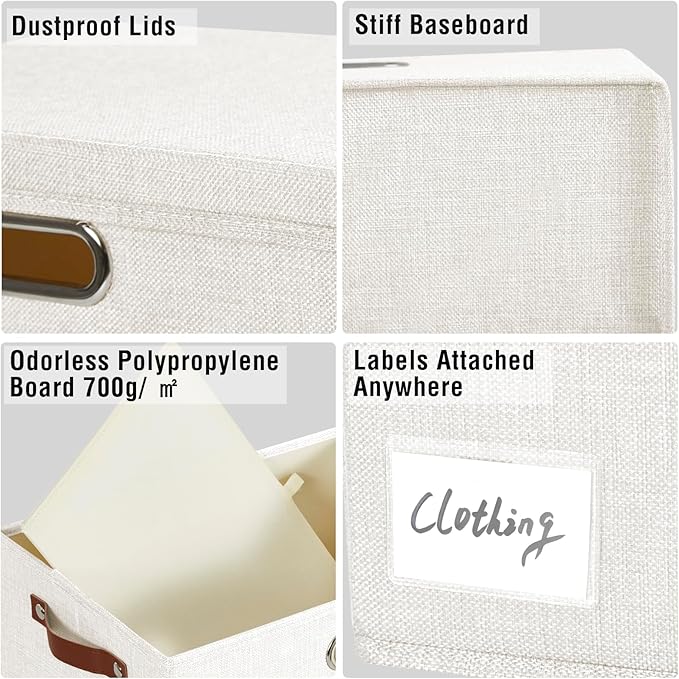 17" Large Collapsible Storage Bins with Lids, Stackable Closet Organizers with PU Handle and Labels, 3-Pack Decorative Fabric Storage Boxes for Home, Bedroom, Closet, Office, Nursery(White)-NeatNest