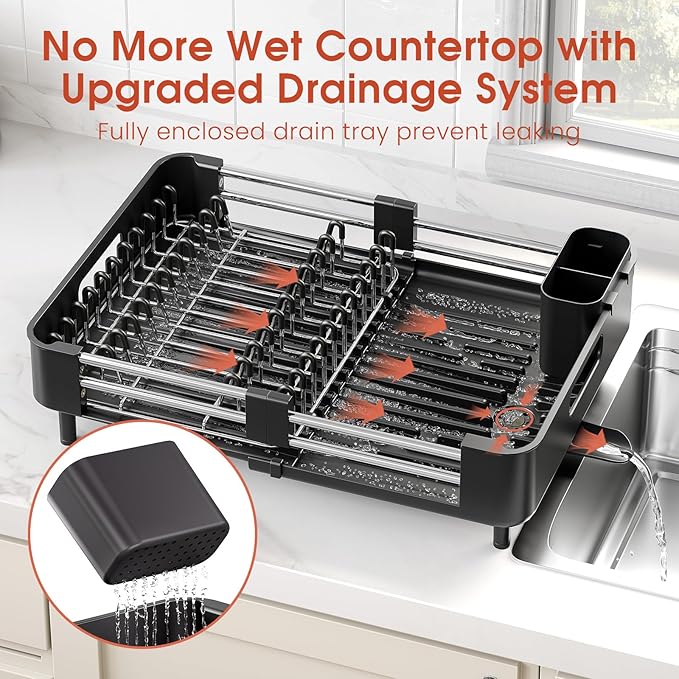 Dish Drying Rack for Kitchen Counter, Extendable Dish Rack with Drainboard, Expandable Dish Drainer, Collapsible Dish Strainer with Cutlery Holder, Foldable Home Countertop Plate Storage Rack, Black