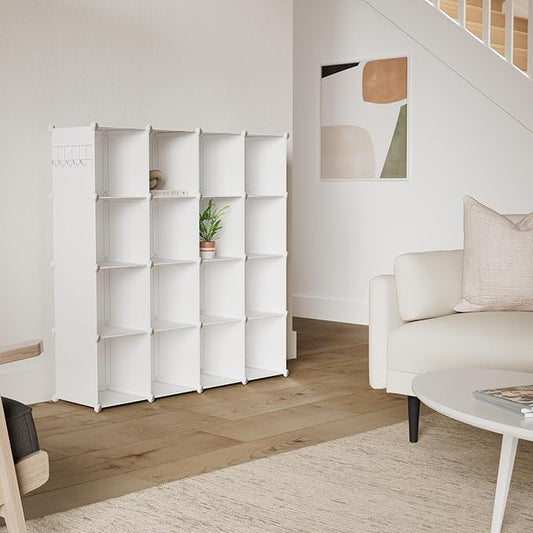 C&AHOME Cube Storage Organizer, 16-Cube Shelves Units, Plastic Storage Cubes, DIY Closet Organizer, Modular Closet Storage Shelves Ideal for Home, Bedroom, 48.4" L × 12.4" W × 48.4" H Milky UPCS16M-NeatNest