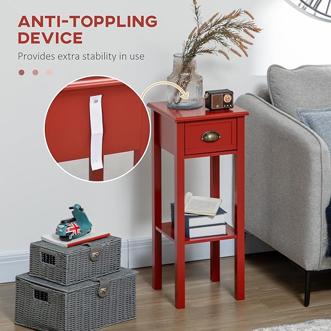 HOMCOM 2-Tier Side Table with Drawer, Narrow End Table with Bottom Shelf, for Living Room, Set of 1, Red