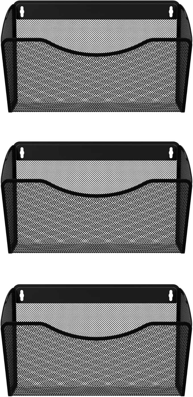 EasyPAG 3 Pack Wall File Holder, Single Mesh Hanging File Organizer for A4 Letter Size Paper, Wall Mount Paperwork Basket for Office, Home, School, Black