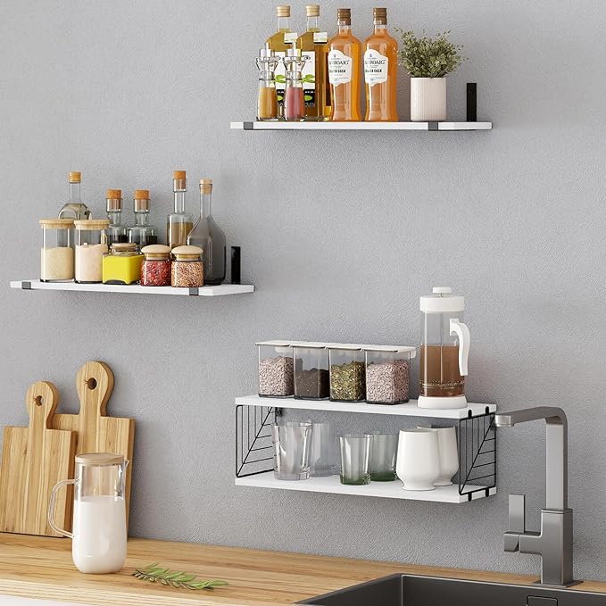 Fixwal 3+1 Tier Bathroom Floating Shelves Over Toilet, 15.8in Farmhouse Rustic Wood Shelves, Wall Decor for Bathroom, Living Room,Bedroom and Kitchen (White)-NeatNest