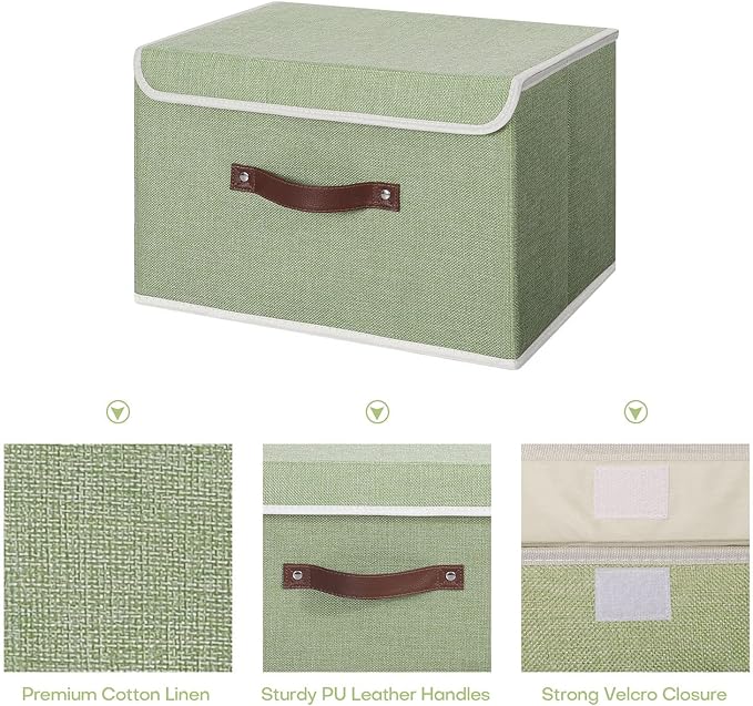 ANMINY 2PCS Storage Bins with Lid PU Leather Handles Storage Boxes PP Plastic Board Decorative Foldable Lidded Cotton Linen Fabric Home Cubes Baskets Closet Organizer Containers - Green, Large Size-NeatNest