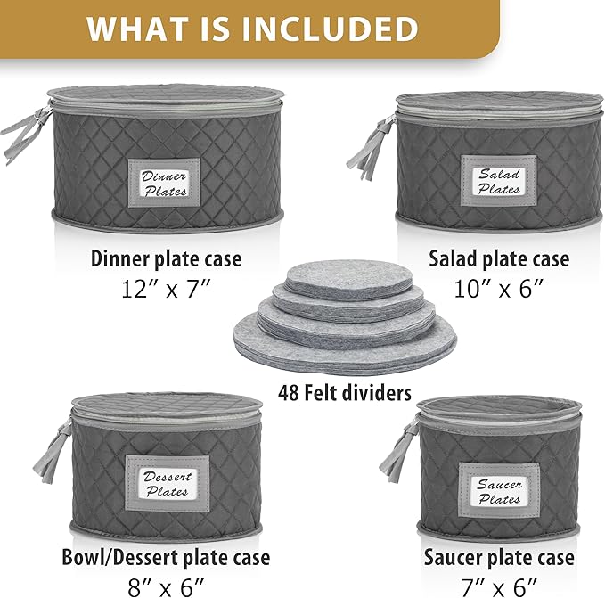 Fine China Storage - Set of 4 Quilted Cases for Dinnerware Storage. Sizes: 12" - 10" - 8" and 7" Wide - Gray - 48 Felt Plate Separators Included-NeatNest