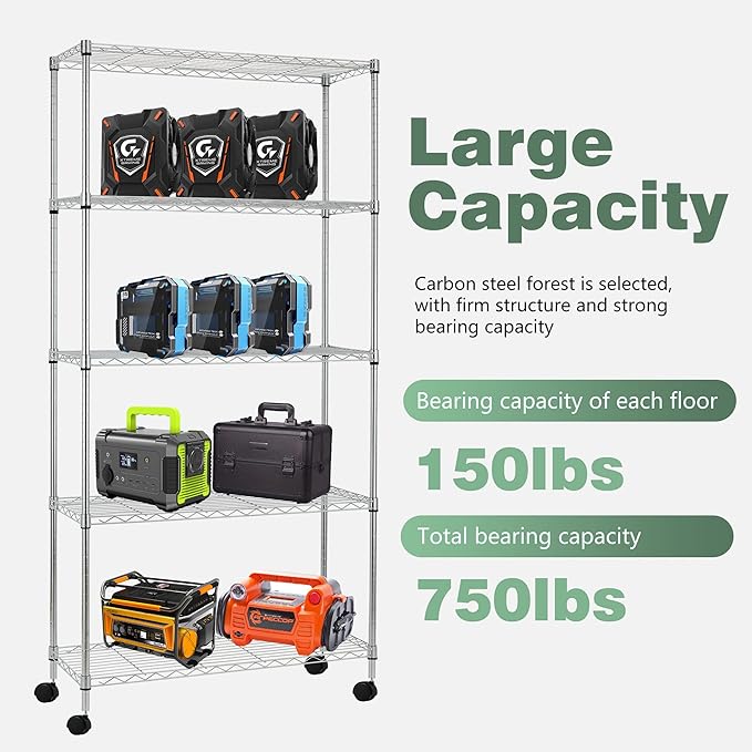 BestOffice 14Dx30Wx60H 5-Tier Wire Shelving Unit Steel Large Metal Shelf Organizer Garage Storage Heavy Duty NSF Height Adjustable Commercial Utility Storage Metal Rack on Wheels,Chrome-NeatNest