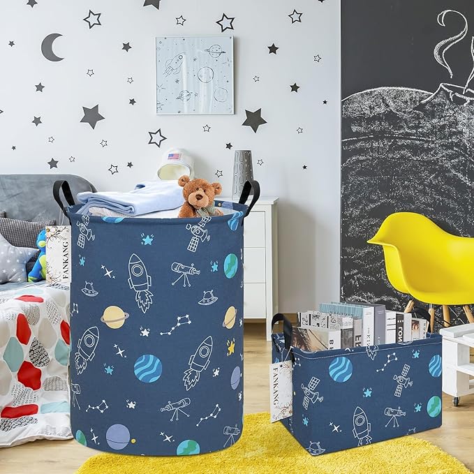 FANKANG Storage Basket, Nursery Hamper Canvas Laundry Basket Foldable with Waterproof PE Coating Large Storage Baskets for Kids Boys and Girls, Office, Bedroom, Clothes,Toys(Colorful Space )