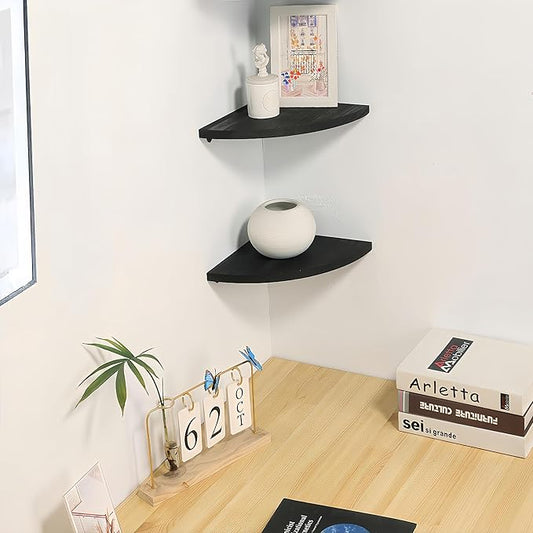 Corner Wall Shelves Set of 2, Rustic Wood Corner Floating Shelves with Cable Raceway, Wall Mount Storage Display for TV Accessories, Baby Monitor (Black, Fan-shaped-10 Inch)-NeatNest