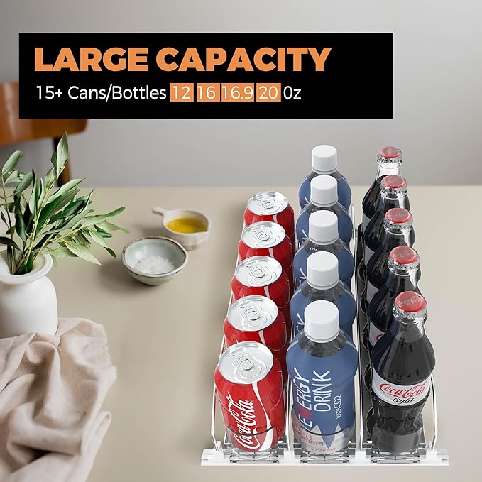 3 Rows Drink Organizer for Fridge, 15'' Soda Can Dispenser for Refrigerator with Pusher Glide, Width Adjustable Fridge Can Organization Hold Up to 25 Cans (White)