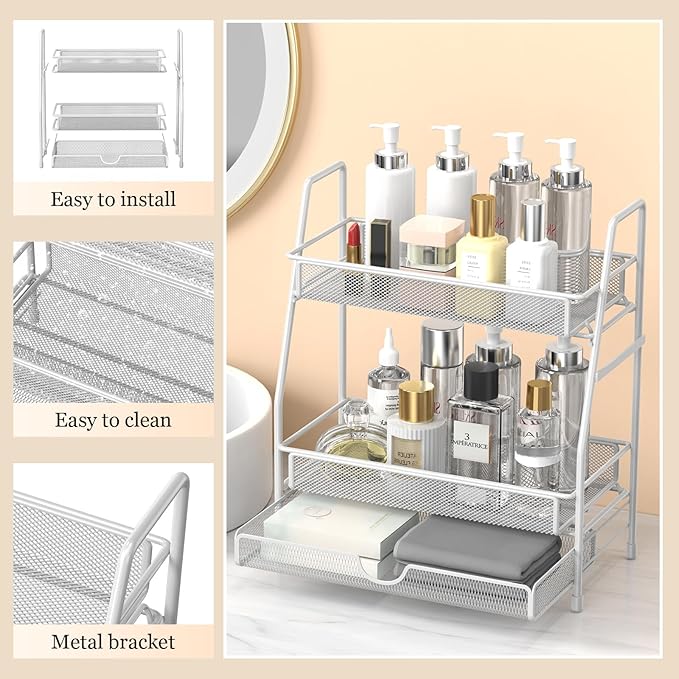 LEMIKKLE 2-Tier Bathroom Counter Organizer with Drawers, Multi-Purpose Makeup Organizer Countertop, Large Skincare Organizers, Exquisite Vanity Shelf-NeatNest