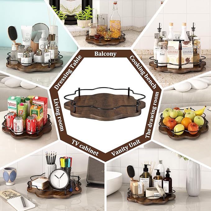 12" Lazy Susan Turntable Organizer,Round Wooden Lazy Susan Organization and Rotating Spice Rack for Dining Table,Pantry,Kitchen Countertop,Vanity,Cupboard and More.Vintage Wood(Petal Shape)-NeatNest
