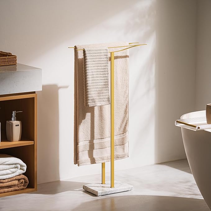 Bathroom Towel Rack Freestanding Floor Stand: Gold 36in 2‑Bar Weighted Marble Base Towel Holder, Rustproof 304 Stainless Steel Drying Rack for Bath&Hand Towels, No‑Drill Slim Organizer, Spa Pool