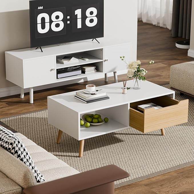 Cozy Castle Modern Coffee Table, Wooden Cocktail Table with Storage, Minimalist Hallway Table, Mid Century Modern Coffee Table for Living Room Apartment Reception, White-NeatNest