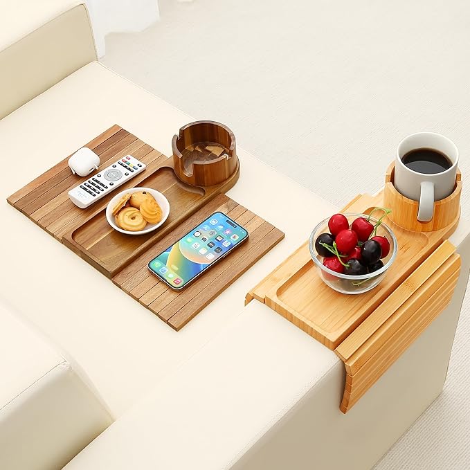 Couch Cup Holder Tray, 15.75" Bamboo Cup Holder for Couch, 3 in 1 Foldable Arm Chair Clip on Side Tray Table for Remote Snack Table on Armrest-NeatNest