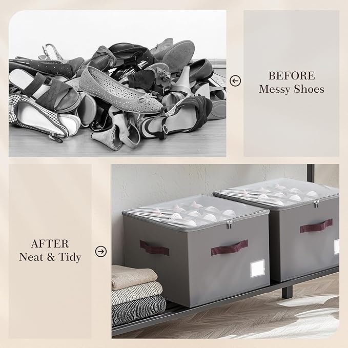 Criusia Shoe Organizer for Closet, 4 Pack Shoe Organizer with Transparent Cover and Sturdy Handles, Closet Shoe Storage for Sneakers Sandals Slippers, Fit 12-16 Pairs, Gray-NeatNest