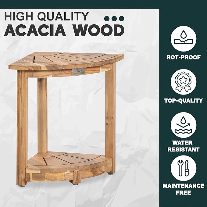 Acacia Corner Shower Stool, Waterproof Spa Foot Rest & Bath Bench with Storage Shelf & Soap Dish, Ideal for Bathroom, Shaving Legs, or as Small Corner Table/Step Stool (Light Natural)