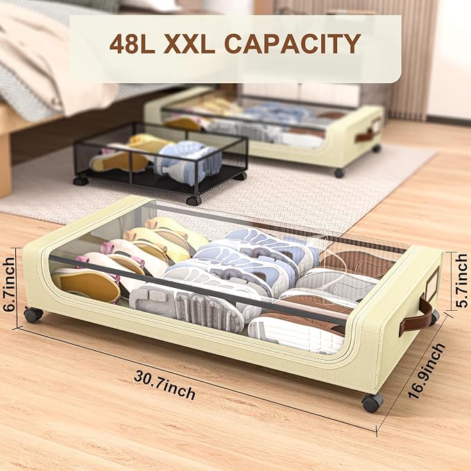 GoMaihe Under Bed Storage with Wheels: XXL Underbed Storage Containers with Lids - Rolling Bins for Shoes Clothes in Dorm Bedroom - Metal Drawers Easy Pull-out Beige 4-Pack-NeatNest