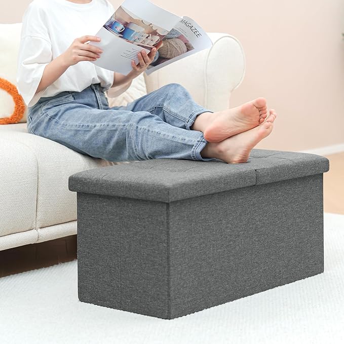 B FSOBEIIALEO Storage Ottoman with Flipping Lids, Ottoman Bench Footrest Seat, Linen 30"x15"x15" (Grey)