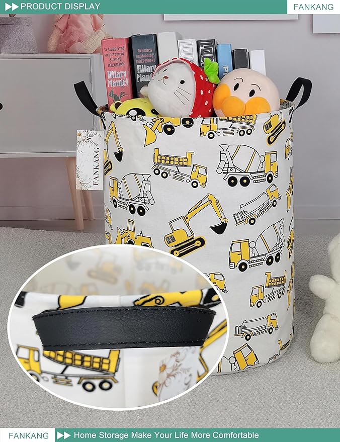 FANKANG Storage Basket, Nursery Hamper Canvas Laundry Basket Foldable with Waterproof PE Coating Large Storage Baskets for Kids Boys and Girls, Office, Bedroom, Clothes,Toys(excavator)