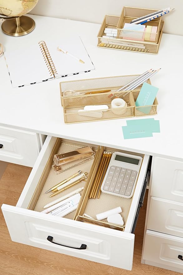 Annova Mesh Stackable Drawer Cabinet and Shelf Organizer Bins Storage Basket School Office Supply Holder Tray- Set of 2 (Gold, 3x12x2 Inch)-NeatNest
