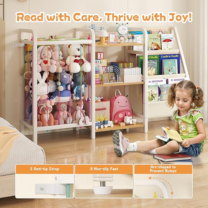 B1 Kids Bookshelf and Toy Storage, 3-Tier Book Shelf for Kids Rooms, Sling Baby Bookcase with Stuffed Animal Storage, Montessori Toddler Bookshelf for Nursery, Bedroom, Playroom Burlywood