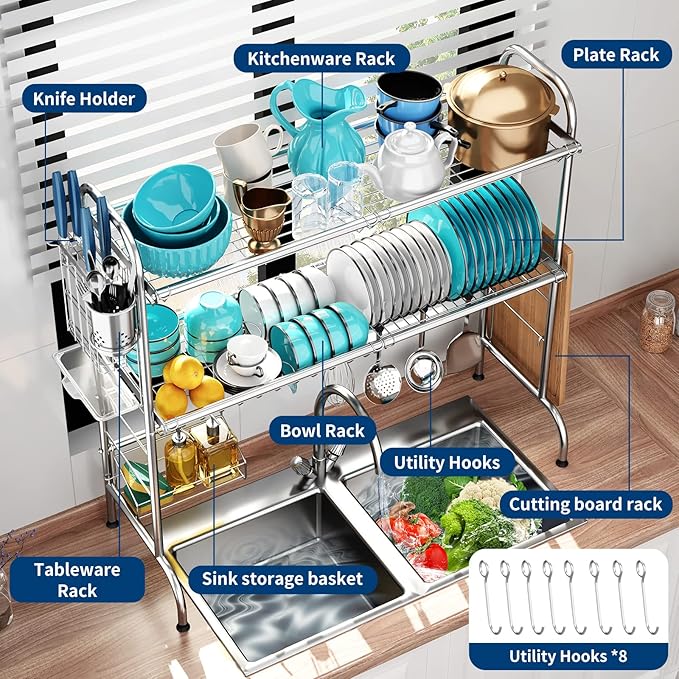 MOUKABAL Dish Drying Rack - Stainless Steel Over The Sink Dish Drying Rack (Expandable Length), 2 Tier Large Dish Rack with Utensil Holder, 32.3" - 33.9"(L) x 11.4"(W) x 32.3"(H) Silver