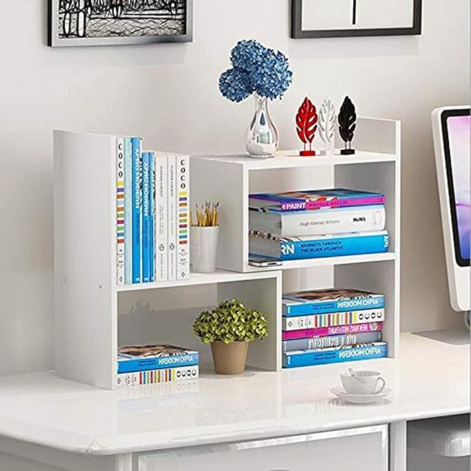 Hongtaitong Natural Wood Bookcase,Bookshelf on Desk, Expandable Bookselves on Room,Organizer Expandable Desktop,Adjustable Desktop Shelves and Office Shelves,Counter Organizer Kitchen,White-NeatNest