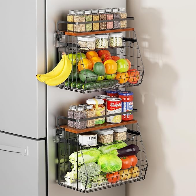 Delamu Magnetic Shelf for Fridge with Wood Lid, 3 Tier Pull Out Fridge Magnet Organizer, Magnetic Spice Rack for Refrigerator, Cabinet, Kitchen Counter, Laundry (2 Pack)-NeatNest