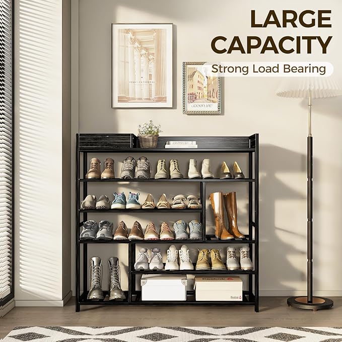 Bamworld Shoe Rack for Front Door Entrance Bamboo Shoe Organizer with Storage Box Free Standing Shoe Cabinet Shoe Storage Shelf for Entryway, Closet and Doorway (Black)-NeatNest
