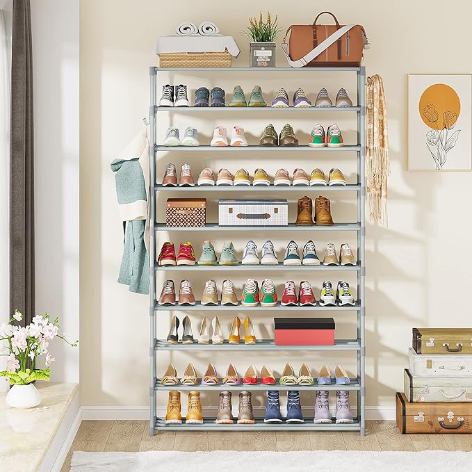 Tribesigns Upgraded 10-Tier Shoe Rack, Tall Shoe Organizer & Space Saver - Holds 50 Pairs (Grey Metal Tube)-NeatNest