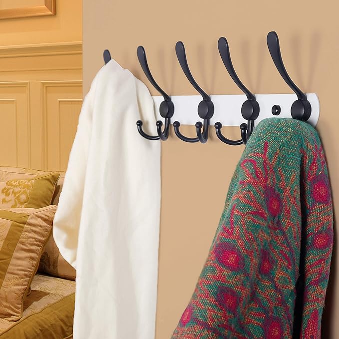 Dseap Wall Mounted Coat Rack - 5 Tri Hooks, Heavy Duty, Stainless Steel, Metal Coat Hook Rail for Coat Hat Towel Purse Robes Mudroom Bathroom Entryway (White & Black, 2 Packs)-NeatNest