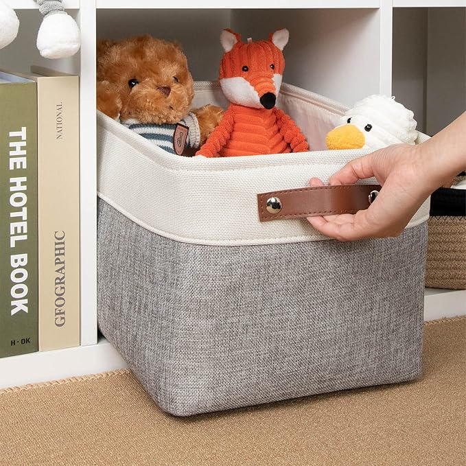 DULLEMELO Collapsible Rectangle Storage Basket for Shelves/Closets - Organize Clothes, Toys, Towels, Books, Laundry, Nursery, Dog Toys - Empty (White & Gray)-NeatNest
